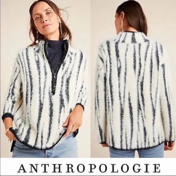 Anthropologie Cindy Eyelash Fuzzy Ivory & Black 1/2 Zip Pullover Size Small - Picture 1 of 12